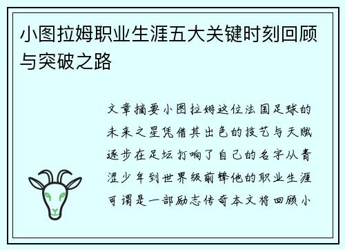 小图拉姆职业生涯五大关键时刻回顾与突破之路